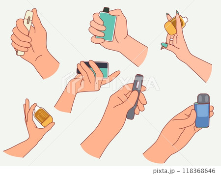Hands holding vape pens. Modern electronic cigarettes and fruit nargile, tobacco smoking simulating, vaping steam, bad habit, electronic accessory vapes, vector cartoon flat isolated set 118368646