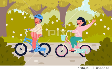 Happy young cyclists riding in park. Kids on bike outdoors, cute boy and girl on color vehicles, children actively playing, active games outdoors, cartoon flat isolated vector concept 118368648