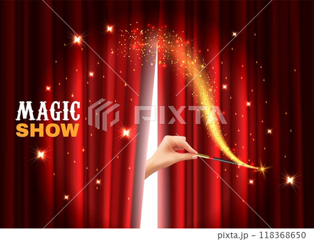 Magical show. Hand hold wand, red theater curtains. Horizontal banner or flyer design. Invitation mystical performance wizard. Sorcerers mysterious stage. Event placard vector concept 118368650