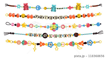 Plastic kids bracelets. Colorful cute beads and handicraft accessories, friendship funky jewelry, letters, stars and hearts, girls bijouterie, cartoon flat style isolated tidy vector set Plastic kids bracelets. Colorful cute beads and handicraft accessories, friendship funky jewelry, letters, stars and hearts, girls bijouterie, cartoon flat style isolated tidy vector set 118368656