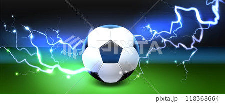 World Soccer ball lightning. Football match green stadium field with thunderstorm. Sport team game competition invitation banner background. Championship and tournament. Vector concept 118368664