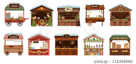Christmas market stalls. Holiday souvenir shops, new year wooden kiosks with garlands and light bulbs, traditional bazaar, sweets and gifts, cartoon flat isolated illustration tidy vector set 118368666