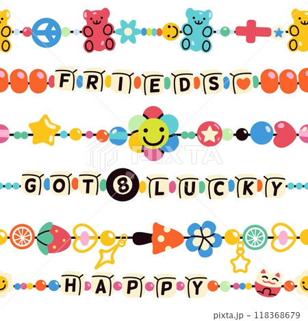 Plastic bracelet seamless pattern. Threads with strung color beads, kids funky jewelry, hippy friendship accessories, wrapping paper cartoon flat style isolated tidy vector background Plastic bracelet seamless pattern. Threads with strung color beads, kids funky jewelry, hippy friendship accessories, wrapping paper cartoon flat style isolated tidy vector background 118368679