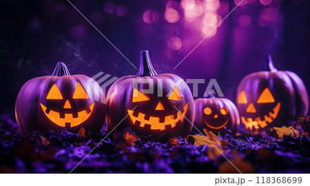 glowing pumpkins for halloween holiday on purple background 118368699