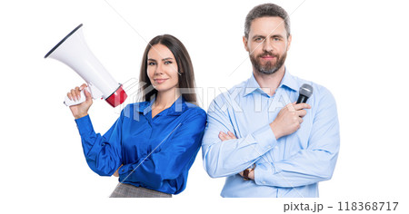 businesspeople with loudspeaker and microphone announce business promotional idea isolated on white businesspeople with loudspeaker and microphone announce business promotional idea isolated on white 118368717