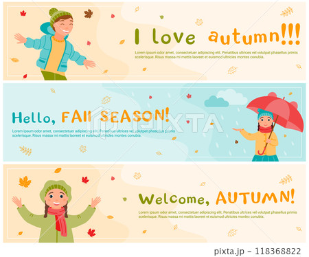 A set of banners. A group of children walking outside in autumn. Girls and boys are playing with falling leaves. Leaf fall. The autumn season. Hello, fall season! Vector illustration in a flat style. 118368822