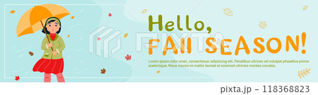 Banner Hello, fall season A surprised girl in autumn clothes hides under an umbrella from the wind and rain. Leaf fall. The autumn season. Vector illustration in a flat style. 118368823