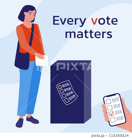Election campaign. Political company. Girl throws a ballot into the voting box. A call to vote. Voting online. Every vote matters. Vector illustration in a flat style. Election campaign. Political company. Girl throws a ballot into the voting box. A call to vote. Voting online. Every vote matters. Vector illustration in a flat style. 118368824