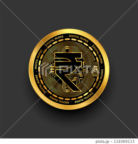 isolated digital currency symbol of indian rupee on golden coin isolated digital currency symbol of indian rupee on golden coin 118369113