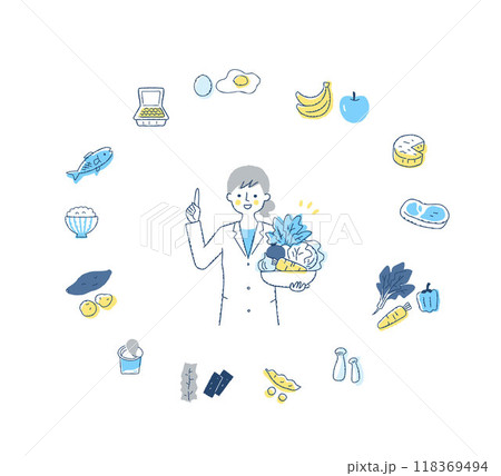 野菜を抱えて説明している栄養士の女性とさまざまな食品 野菜を抱えて説明している栄養士の女性とさまざまな食品 118369494