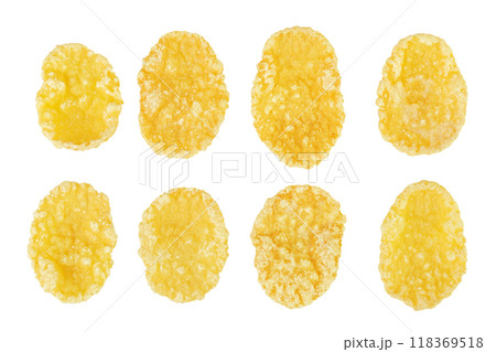 Cornflakes isolated on white background. Top view. Flat lay. Cornflakes isolated on white background. Top view. Flat lay. 118369518