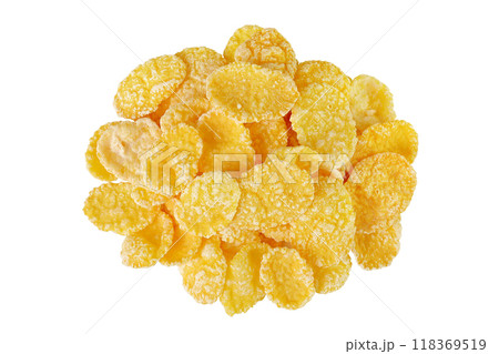 Cornflakes isolated on white background. Top view. Flat lay. Cornflakes isolated on white background. Top view. Flat lay. 118369519