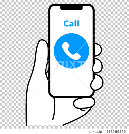 発信の画面が表示されているスマートフォンを持つ手 118369536