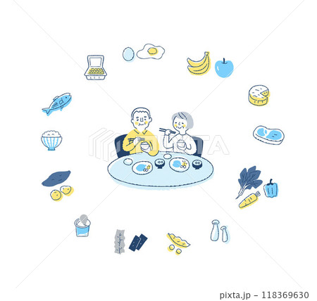 健康的な食事をしている夫婦とさまざまな食品 118369630