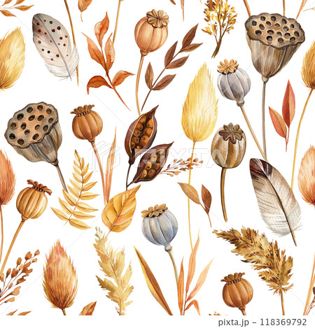 Autumn vintage seamless pattern dry Leaves, autumn flowers, floral Elements. Watercolor painting elegant fall designs Autumn vintage seamless pattern dry Leaves, autumn flowers, floral Elements. Watercolor painting elegant fall designs 118369792