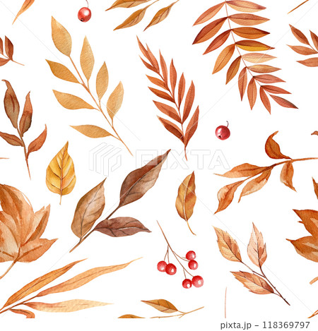 Autumn vintage seamless pattern dry Leaves, autumn flowers, floral Elements. Watercolor painting elegant fall designs 118369797