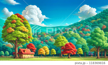 青い空と白い雲と紅葉の山とコテージ 118369816