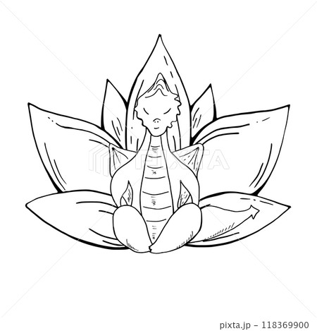 Monochrome Dragon sitting in lotus pose against the background of abstract waterlily flower. Animal practicing fitness exercises vector isolated illustration painted by black inks 118369900