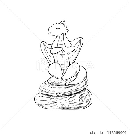 Monochrome dragon sitting on stone pyramid vector isolated illustration painted by black inks. Animal practicing meditation in nature etching drawing black inks. For spa center, coloring book, tattoo. 118369901