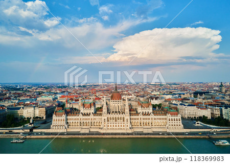 Aerial view of Hungarian Parliament building and Danube River. Historical architecture of Budapest, Hungary 118369983