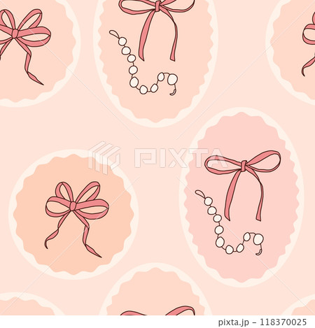 Bow and pearl necklace seamless pattern. Pink holiday band circular emblem repeat background. Bowknots retro oval and round surface design. Vector hand drawn illustration. 118370025
