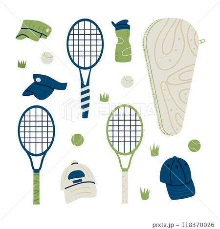 Tennis equipment with rackets and accessories. Vector hand drawn flat collection illustration isolated on white background. Tennis equipment with rackets and accessories. Vector hand drawn flat collection illustration isolated on white background. 118370026
