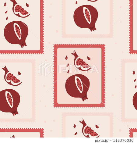 Pomegranates emblem seamless pattern. Rectangle badge cut pieces and whole pomegranate repeat surface background. Square poster with fruit and leaves. Vector hand drawn illustration. Pomegranates emblem seamless pattern. Rectangle badge cut pieces and whole pomegranate repeat surface background. Square poster with fruit and leaves. Vector hand drawn illustration. 118370030