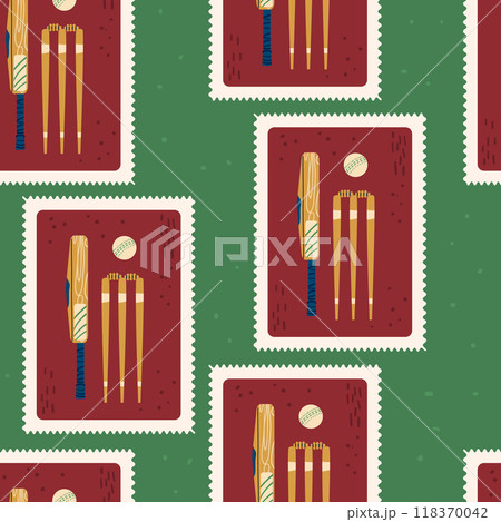 Cricket patchwork seamless pattern. Bento box repeat background. Bat wicket bails and ball retro post stamps endless design. Vector hand drawn illustration. Cricket patchwork seamless pattern. Bento box repeat background. Bat wicket bails and ball retro post stamps endless design. Vector hand drawn illustration. 118370042