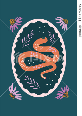 Snake poster. Reptile animals oval emblem with coneflowers background. Dark card. Vector hand drawn flat illustration Snake poster. Reptile animals oval emblem with coneflowers background. Dark card. Vector hand drawn flat illustration 118370045