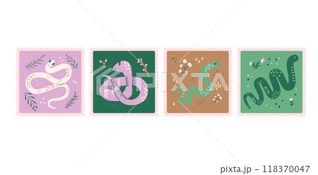 Set of stamps with snakes. Reptile animal stickers. Vector hand drawn collection Set of stamps with snakes. Reptile animal stickers. Vector hand drawn collection 118370047