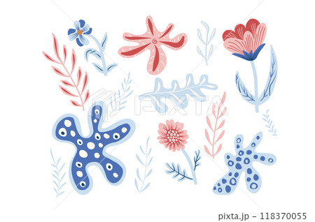 Set of abstract organic shapes and florals.Vector hand drawn flat collection illustration isolated on white background. Set of abstract organic shapes and florals.Vector hand drawn flat collection illustration isolated on white background. 118370055