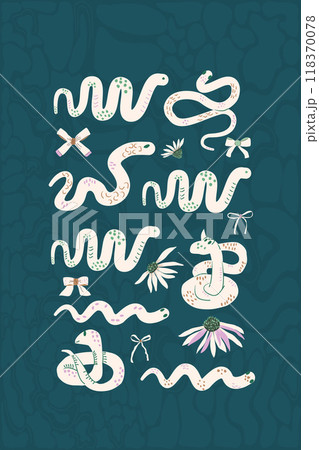 Snakes poster. Reptile animals with florals and bows background. Dark card. Vector hand drawn flat illustration Snakes poster. Reptile animals with florals and bows background. Dark card. Vector hand drawn flat illustration 118370078