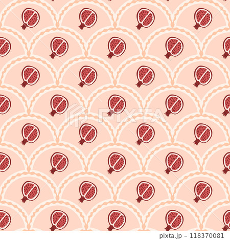 Pomegranates scallop seamless pattern. Fruit arch repeat background. Vegetarian food classic surface endless design. Vector hand drawn flat illustration. 118370081