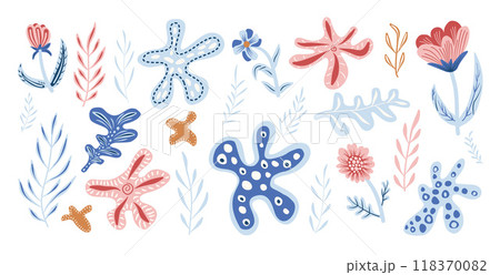 Organic shapes and flowers set. Calm folk elements. Vector hand drawn collection illustration isolated on white background. 118370082