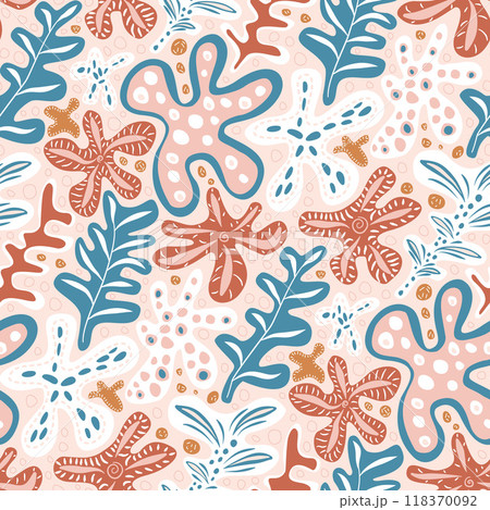 Abstract boho folk style seamless pattern with organic shapes in calm pastel colors. Surface pattern design simple floral motif. Vector hand drawn flat illustration. Abstract boho folk style seamless pattern with organic shapes in calm pastel colors. Surface pattern design simple floral motif. Vector hand drawn flat illustration. 118370092