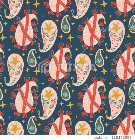 Christmas baubles seamless pattern. Happy New Year paisley endless background. Xmas balls repeat cover. Yuletide continuous surface. Vector hand drawn illustration. Christmas baubles seamless pattern. Happy New Year paisley endless background. Xmas balls repeat cover. Yuletide continuous surface. Vector hand drawn illustration. 118370098