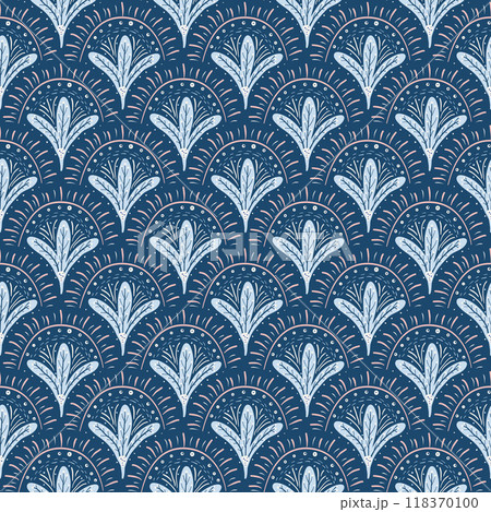 Floral abstract scallop seamless pattern. Boho style arch decoration endless background. Folk repeat cover. Blue continuous ornament. Vector hand drawn illustration. Floral abstract scallop seamless pattern. Boho style arch decoration endless background. Folk repeat cover. Blue continuous ornament. Vector hand drawn illustration. 118370100