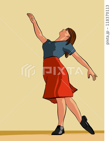 Woman dancing gracefully in ballet style, wearing a flowing skirt. Vector illustration. Woman dancing gracefully in ballet style, wearing a flowing skirt. Vector illustration. 118370113