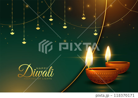 happy diwali wishes backgorund with decorative diya 118370171