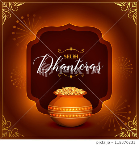 shubh dhanteras wishes card with golden coin kalasha design 118370233
