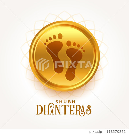 elegant shubh dhanteras vector design with goddess feet on golden coin elegant shubh dhanteras vector design with goddess feet on golden coin 118370251