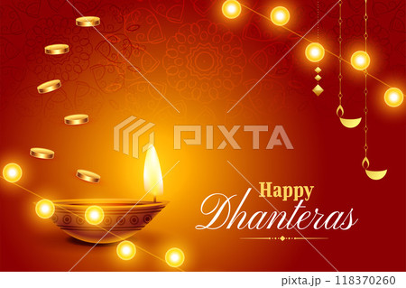 bright happy dhanteras festival poster with oil lamp and golden coin bright happy dhanteras festival poster with oil lamp and golden coin 118370260