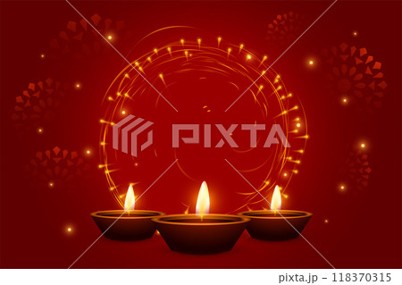 shinny shubh diwali template with glowing diya in red background 118370315