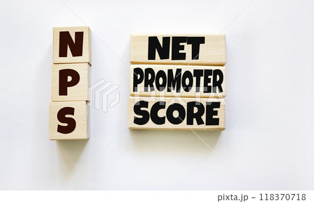 NPS Net Promoter Score concept word on wooden cubes on white background. Business concept. 118370718
