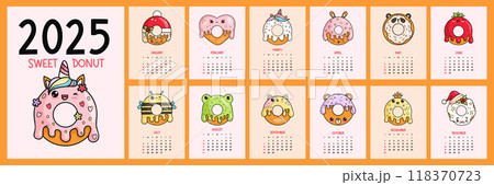 Cute sweet donut calendar 2025. Funny cartoon kawaii character mascot delicious pastries. Vertical printable planner organizer. Cover and 12 month pages English. Week from Sunday. Vector illustration. Cute sweet donut calendar 2025. Funny cartoon kawaii character mascot delicious pastries. Vertical printable planner organizer. Cover and 12 month pages English. Week from Sunday. Vector illustration. 118370723