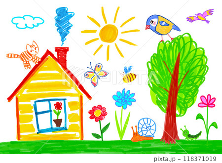 Child drawing of summer landscape with house Child drawing of summer landscape with house 118371019