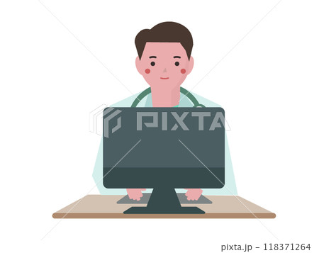 パソコンをするあ白衣を着た医者の男性。ベクターイラスト	 118371264