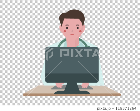 パソコンをするあ白衣を着た医者の男性。ベクターイラスト	 118371264
