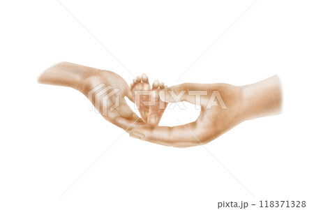 Male and female hands holding legs of newborn baby as a symbol of unity, family, love and tenderness. Hand drawn watercolor clipart on transparent background in soft colors 118371328