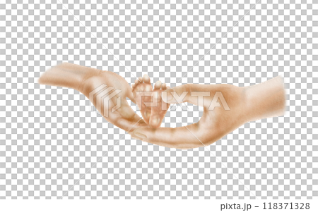 Male and female hands holding legs of newborn baby as a symbol of unity, family, love and tenderness. Hand drawn watercolor clipart on transparent background in soft colors 118371328